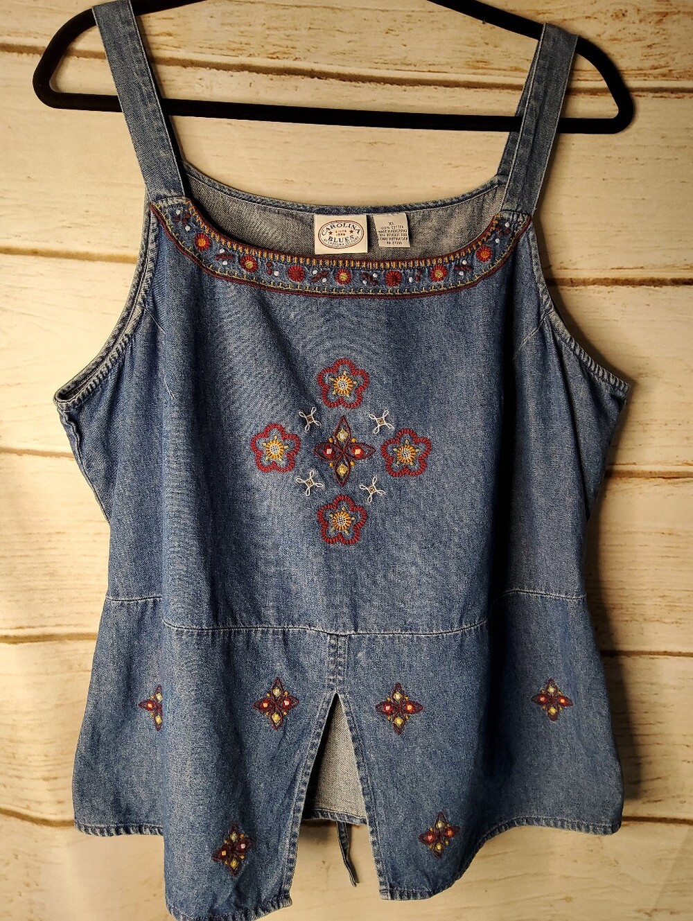 Carolina Blues Embroidered Denim Tank Top - Blue with Multicolor Floral Trim